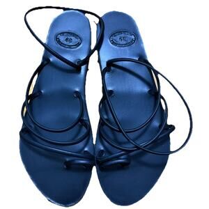 *NEW* Ancient Greek Style Black Leather Strappy Toe Ring Flat Sandals Size 39/8
